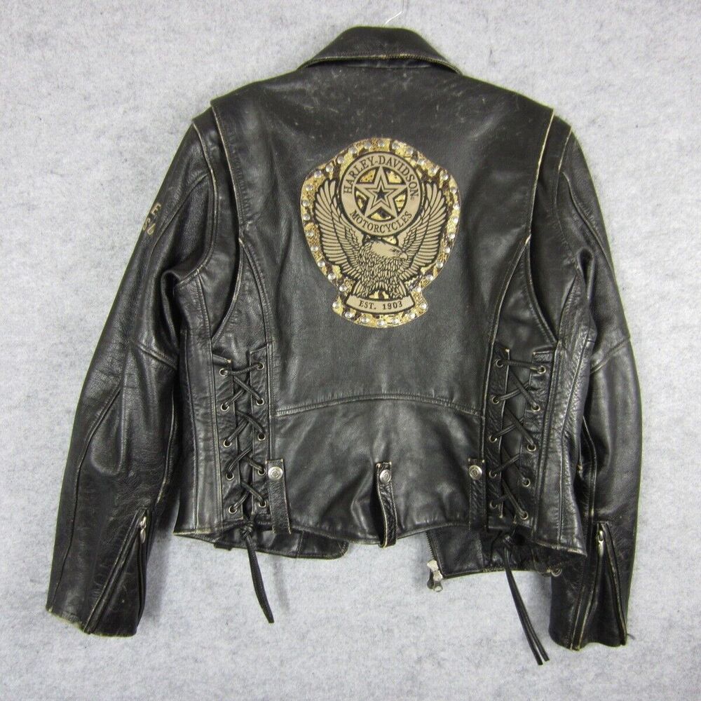 Harley Davidson Motorcycles Biker Jacket Women Medium Leather Black Zip Eagle